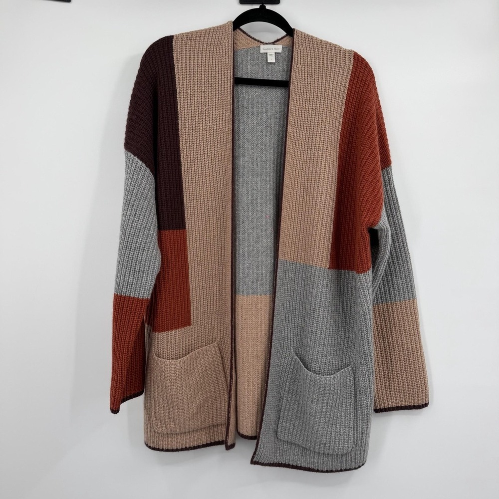 Garnet Hill Cashmere Cardigan Womens Large Multicolor Chunky-Knit Open Pockets